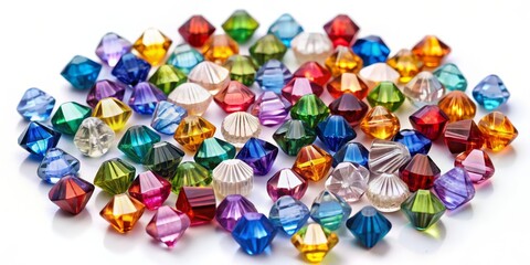 A Cluster of Colorful Faceted Glass Beads on White Background, glass beads, gemstone, crystal, jewelry
