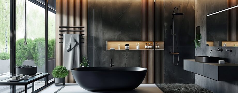 Bathroom luxury interior design with matte black bath and modern shower