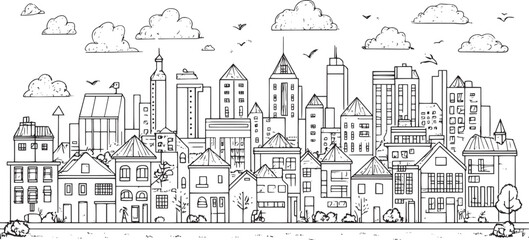 Obraz premium City landscape. Line urban backdrop. Skyline with clouds, different buildings on street, doodle street draw, outline cityscape hand sketch, flat houses. Hand drawn vector illustration
