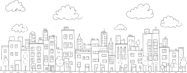 Obraz premium City landscape. Line urban backdrop. Skyline with clouds, different buildings on street, doodle street draw, outline cityscape hand sketch, flat houses. Hand drawn vector illustration