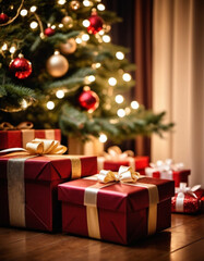 A cozy living room adorned with a festive Christmas tree, decorated with sparkling lights and colorful baubles, surrounded by a variety of thoughtfully wrapped gift boxes waiting to be opened. AI art