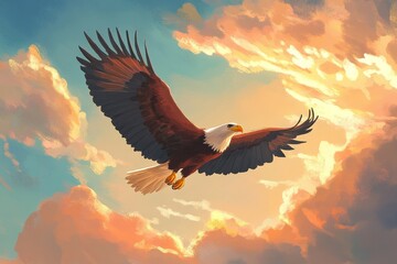 Bald Eagle Flying Through Colorful Sunset Sky