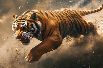 Fierce Tiger Charging Through Dusty Terrain