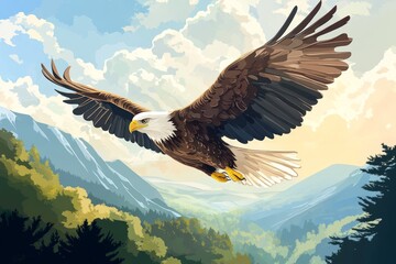 Soaring Bald Eagle Over Mountain Landscape