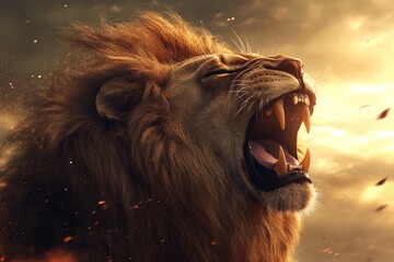 Roaring Lion with Fiery Sunset Background
