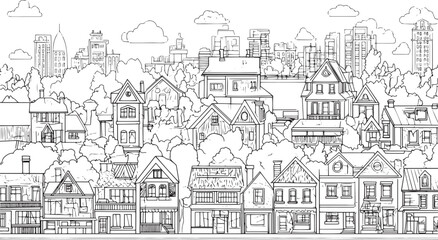 City landscape. Line urban backdrop. Skyline with clouds, different buildings on street, doodle street draw, outline cityscape hand sketch, flat houses. Hand drawn vector illustration