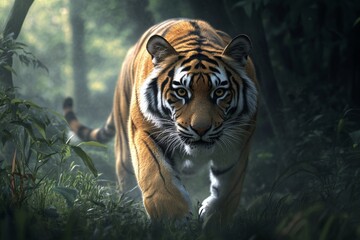 Tiger Stalking Through Dense Jungle Foliage