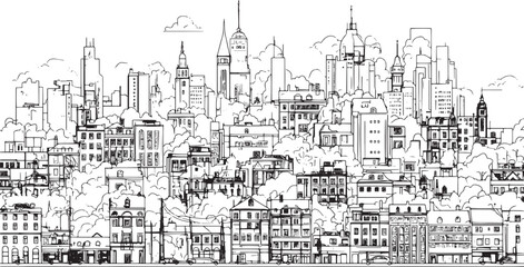 City landscape. Line urban backdrop. Skyline with clouds, different buildings on street, doodle street draw, outline cityscape hand sketch, flat houses. Hand drawn vector illustration
