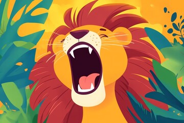 Cartoon Lion Roaring in Colorful Jungle