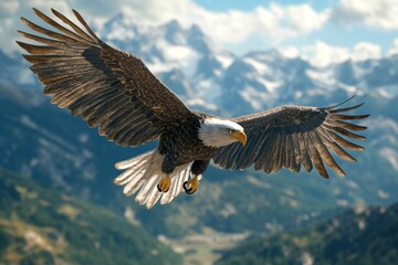 Majestic Bald Eagle Soaring Over Mountain Landscape