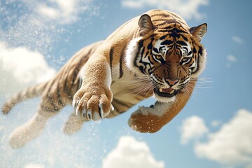 Tiger Leaping in Mid-Air Against Blue Sky