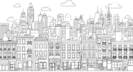 Fototapeta premium City landscape. Line urban backdrop. Skyline with clouds, different buildings on street, doodle street draw, outline cityscape hand sketch, flat houses. Hand drawn vector illustration