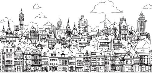 City landscape. Line urban backdrop. Skyline with clouds, different buildings on street, doodle street draw, outline cityscape hand sketch, flat houses. Hand drawn vector illustration