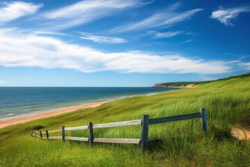 A serene seaside cliff with a wooden fence overlooking the ocean under a bright blue sky.