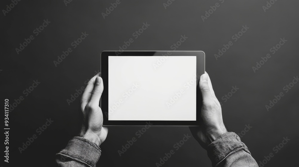 Poster person holding a tablet with a blank screen in front of a solid, monochrome backdrop