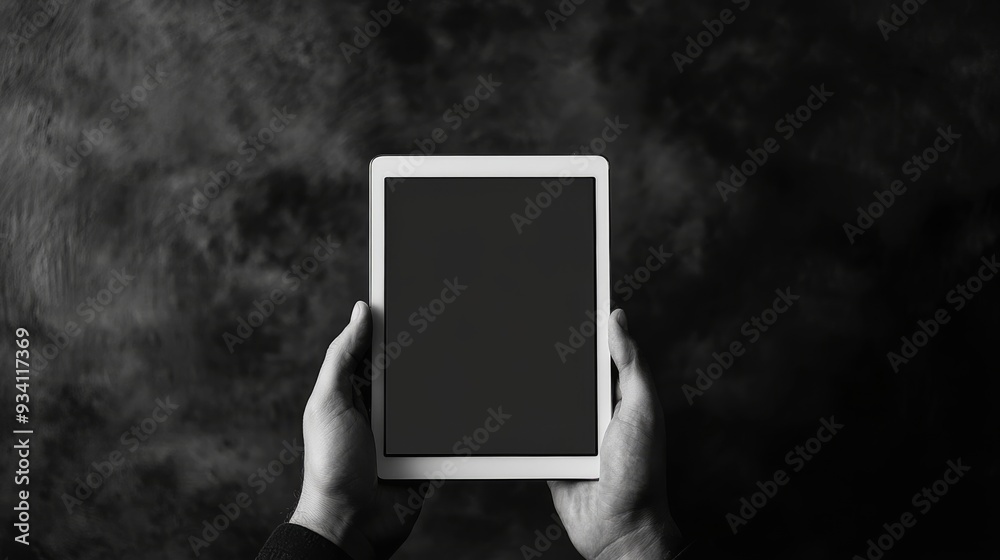 Poster person holding a tablet with a blank screen in front of a solid, monochrome backdrop