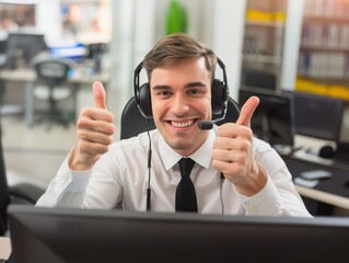 Young man help desk agent showing thumbs up while sitting at his desk working with headsets in an open office.