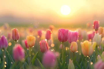  field of pink tulips with the sun setting in the background, vibrant field of tulips covered in early morning dew with soft sunrise in the background © SaroStock