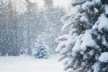 A serene snowy scene featuring snow-covered pine trees in a peaceful winter forest.