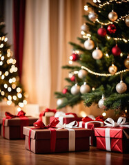 A cozy living room adorned with a festive Christmas tree, decorated with sparkling lights and colorful baubles, surrounded by a variety of thoughtfully wrapped gift boxes waiting to be opened. AI art
