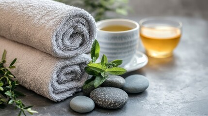 Rolled towels, spa stones, and herbal tea cup