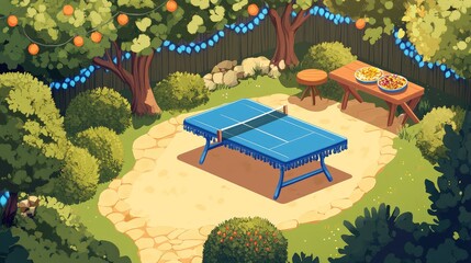 Above view of a sunny garden, isometric photo with a blue tennis table, trees, a path, a food table on the side, and blue garlands.