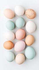 A row of eggs in various colors, including white, green, and orange. The eggs are arranged in a pattern, with some overlapping and others standing alone. Scene is one of simplicity and natural beauty