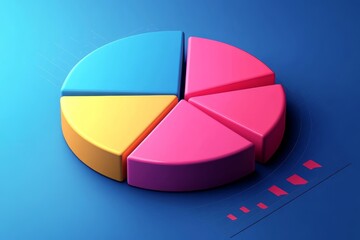 Obraz premium Colorful 3D Pie Chart for Data Visualization - A vibrant 3D pie chart with five segments, symbolizing data analysis, market share, business strategy, financial performance, and project progress.