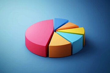 Obraz premium Colorful 3D Pie Chart Representing Data and Statistics - A vibrant 3D pie chart divided into seven sections, showcasing data visualization and analysis, representing different categories or segments o