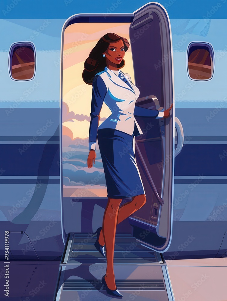 Poster a flight attendant stands at the airplane door, greeting passengers while the sunset casts a warm gl