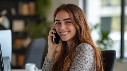 brown haired girl talking on the phone, working on a computer, sitting and smiling, in a modern office