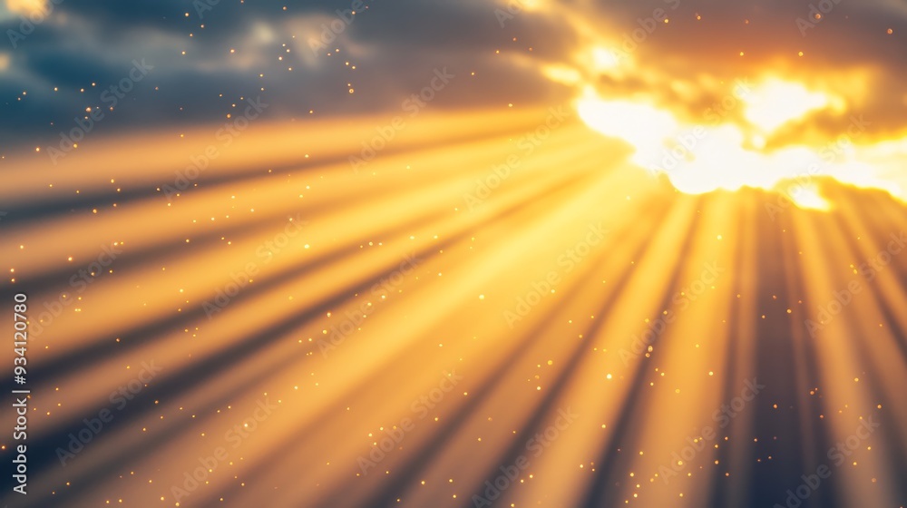 Poster soft sun rays cascading through a serene sunset sky, creating a peaceful and ethereal atmosphere,