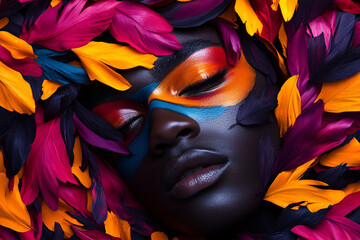 A woman's face is painted with bright colors and surrounded by leaves. Concept of creativity and artistic expression