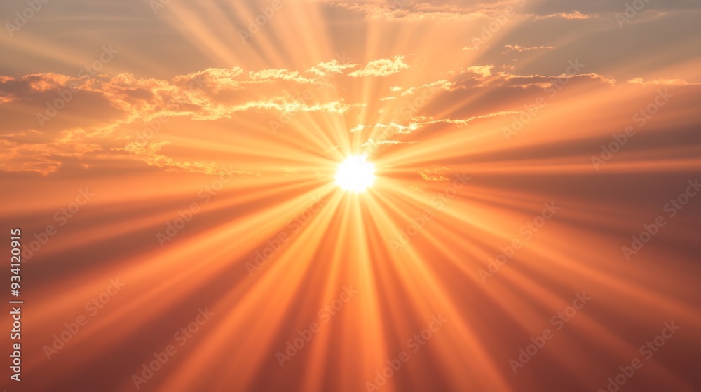 Poster soft sun rays cascading through a serene sunset sky, creating a peaceful and ethereal atmosphere,