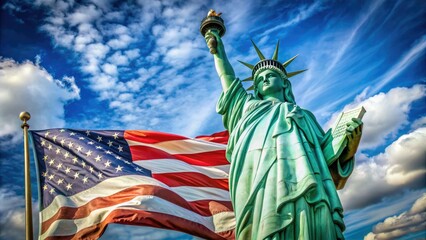 Majestic copper statue of freedom stands proudly on Liberty Island, waving a rippling American flag, symbolizing democracy and hope, against a brilliant blue sky.