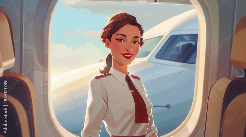 Poster The flight attendant greets travelers with a warm smile while standing by the airplane window as the sun sets behind. Generative AI