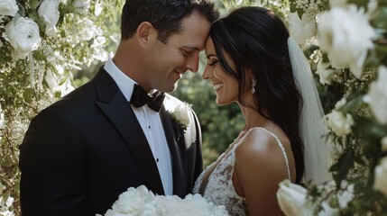 Stunning bride and groom in formal attire surrounded by an arch of white flowers and lush greenery, creating a sophisticated and romantic backdrop for their wedding photos.
