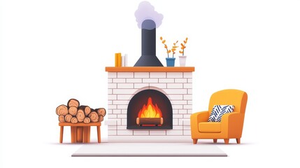 Naklejka premium Cozy Fireplace and Armchair for Relaxing Winter Evenings - A warm and inviting fireplace with a roaring fire, a comfortable armchair, and a stack of firewood. This image evokes feelings of comfort, wa
