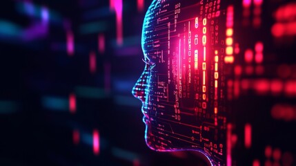 Digital Portrait of Artificial Intelligence - A digital representation of a human face formed from binary code, symbolizing artificial intelligence, technology, innovation, data, and the future of com