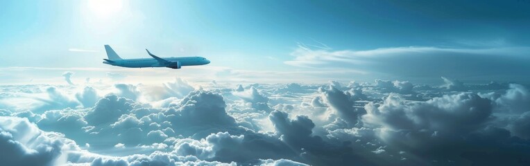A commercial airplane cruises above fluffy clouds in a bright blue sky, representing modern aviation and high-altitude travel. With copy space for text. Wide web banner.