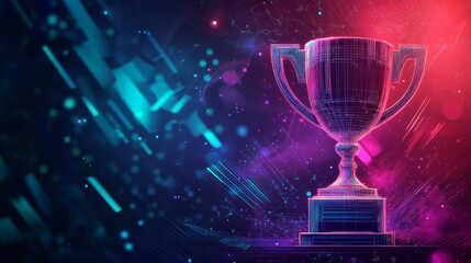 Digital Trophy Award: Celebrating Success in the Digital Age - A futuristic trophy,  in a wireframe style, symbolizing digital achievement, success, and innovation. It stands against a backdrop of vib