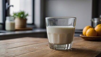 A clear glass filled with milk is positioned on a rustic wooden table, with sunlight streaming through windows
