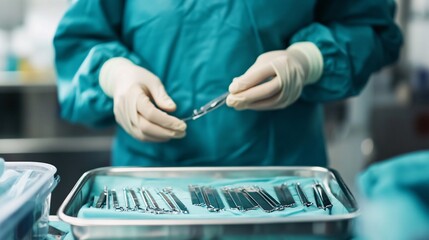 A close-up of a medical assistant preparing medical instruments on a sterile tray, focused and attentive