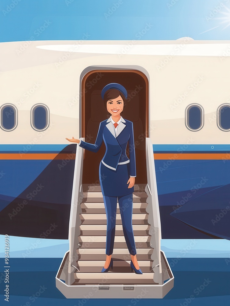 Poster a flight attendant stands at the airplane steps, ready to greet and assist passengers boarding the a
