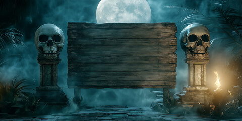 Wood sign in a spooky cemetery, surrounded by eerie skulls and fog- a customizable Halloween message sign - gothic tomb with copyspace for halloween party invitation, announcement