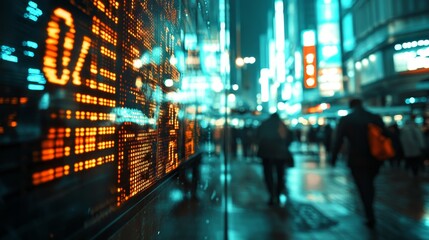 Fototapeta premium Financial District at Night: Stock Market Data Display and Blurred City Lights - A stock market data display shows numbers, reflecting the financial activity of the city, with blurred city lights re