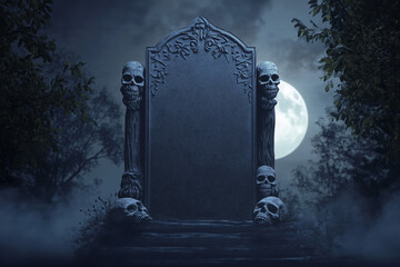 A blank headstone stands in a foggy, moonlit cemetery, surrounded by eerie skulls and dead trees - a customizable Halloween sign - gothic tomb with copyspace for halloween party invitation, gothic