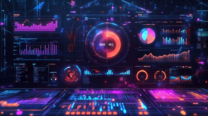 Obraz premium Futuristic Technology Interface with Data Visualization and Charts - A digital interface showcasing futuristic technology with glowing data visualization, charts, and graphs representing progress, ana