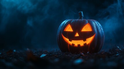 Glowing Jack-o'-Lantern in a Spooky Forest - A carved pumpkin with a glowing face, set against a backdrop of a dark and misty forest, representing Halloween, autumn, spooky, festive and tradition.