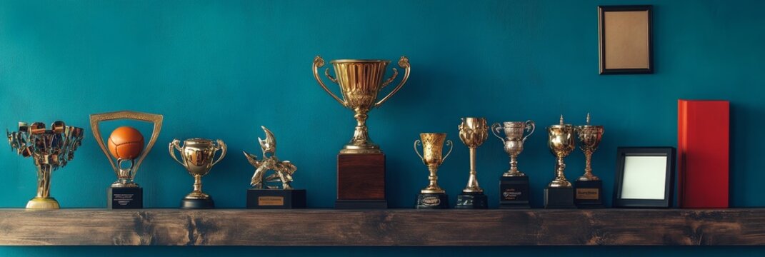 Gold Trophy Collection on Wooden Shelf Against Teal Wall - A collection of gold trophies on a wooden shelf against a teal wall, symbolizing success, achievement, competition, victory and awards.